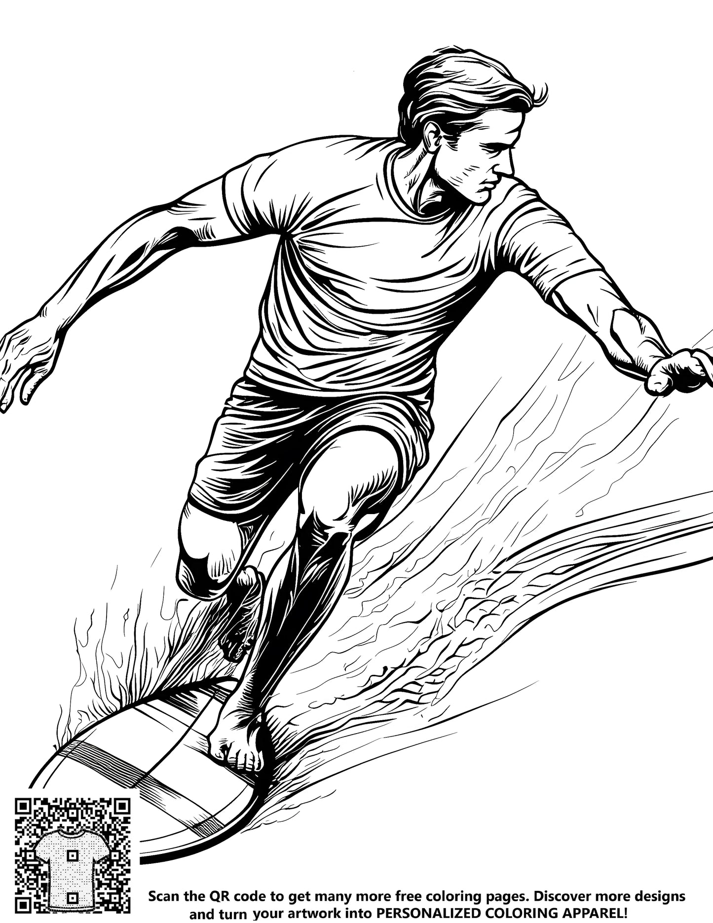 A free coloring page featuring an action-packed illustration of a person riding a surfboard on a wave, also known as surfing, wave riding, or beach activity