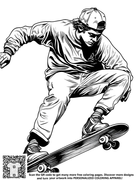 Free coloring page kit with skateboarding theme, featuring a detailed black and white drawing of a skateboarder performing a jump trick in mid-air. Includes 10 vibrant fabric markers perfect for creative expression.