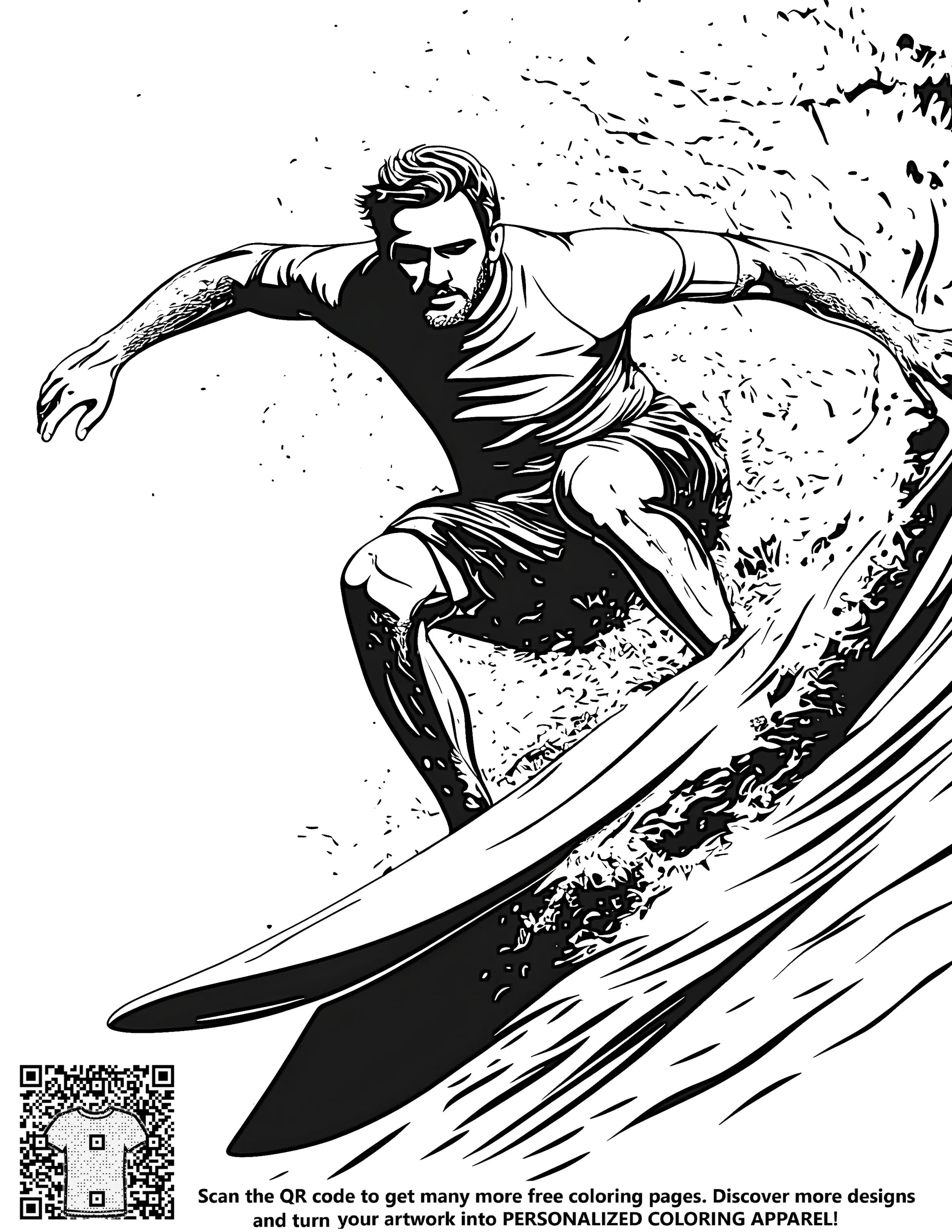 A free coloring page with an exciting surfing design, great for kids and adults alike. Features a detailed illustration of a surfer riding a wave.