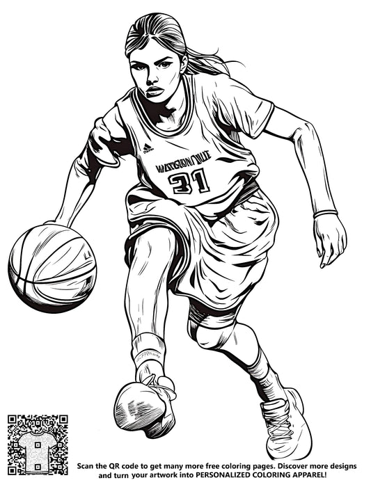 FREE Coloring Page - Determined Female Basketball Player in Action - Printable Download