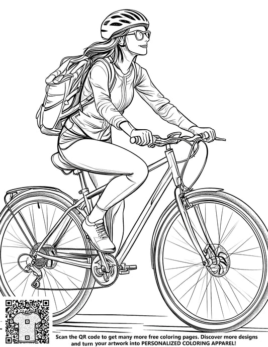 FREE Coloring Page - Sporty Woman Riding Bicycle with Helmet and Backpack - Printable Download