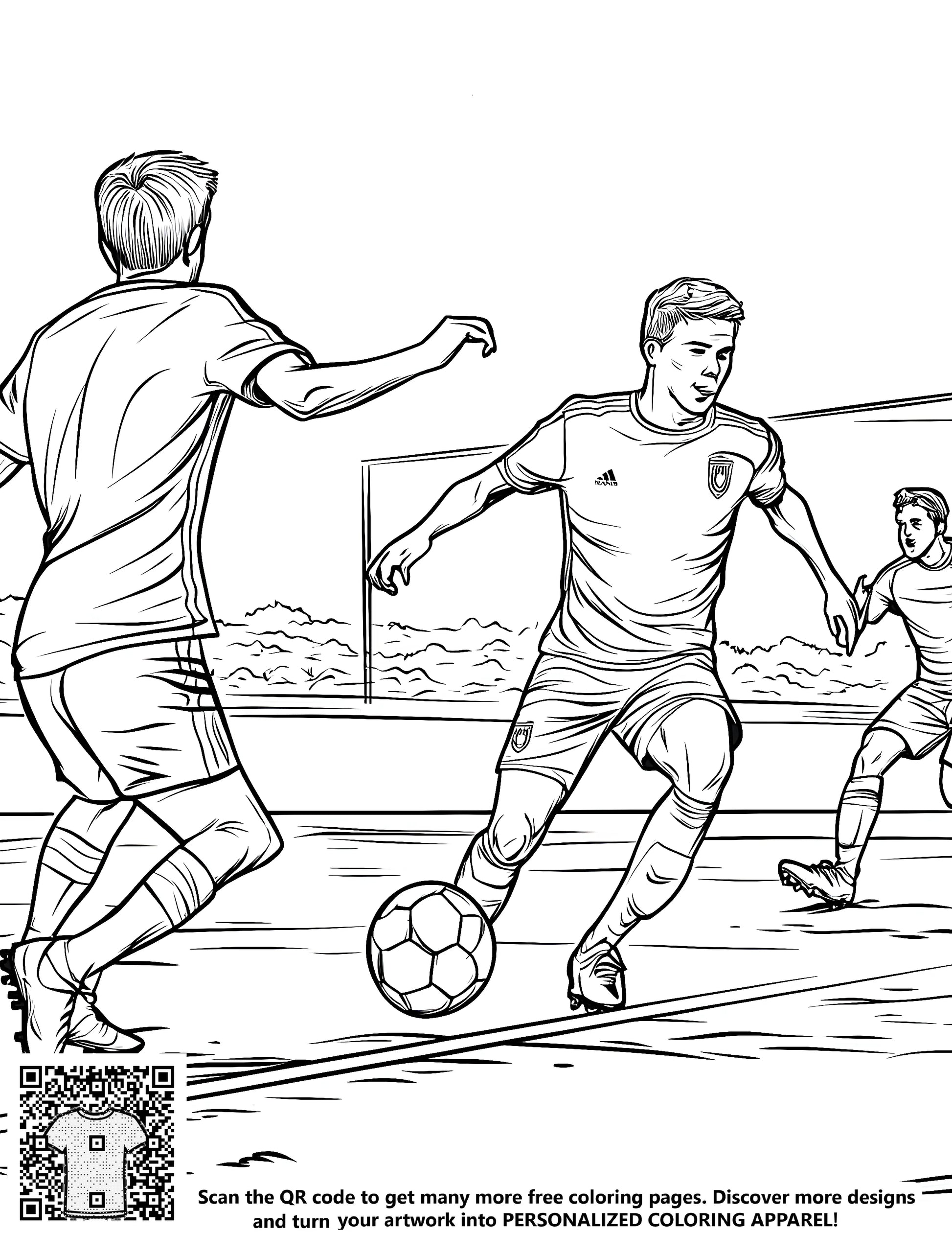 Coloring page of a soccer match with players in action