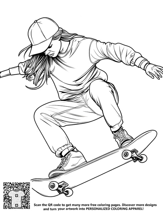 Girl in a cap skateboarding, free coloring page for kids, fun and creative activity, mid-air trick, dynamic movement
