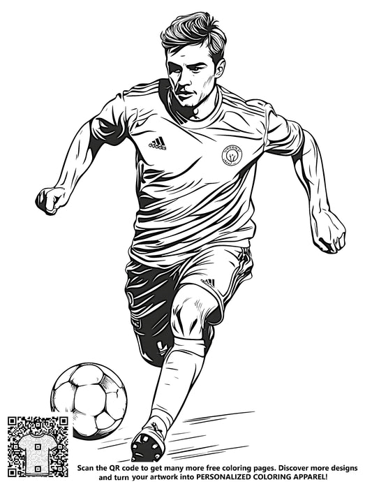 Coloring book page featuring an energetic soccer player illustration