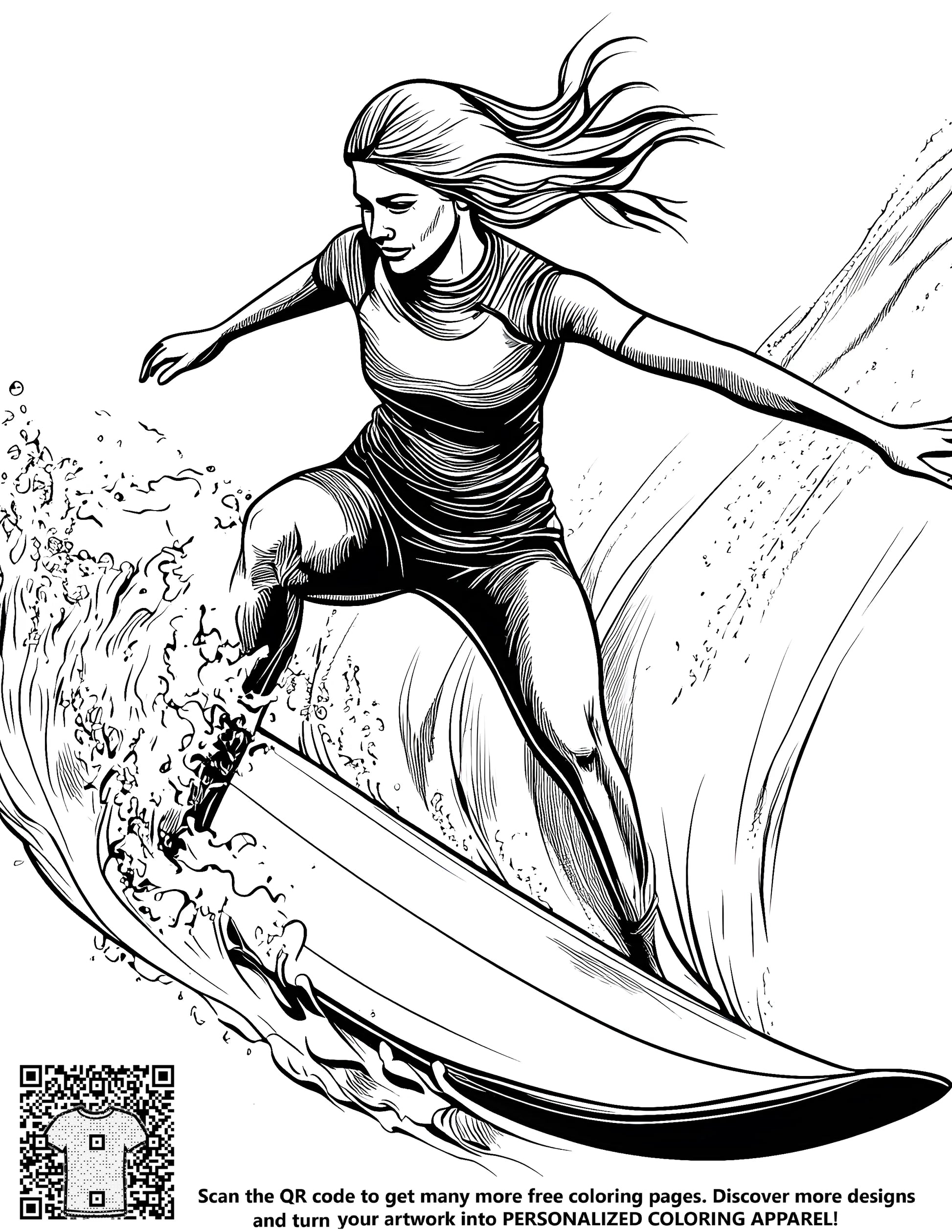 Surfing coloring page illustration of a female rider on a large wave with dynamic water splashes. Free printable art kit with 10 fabric markers.