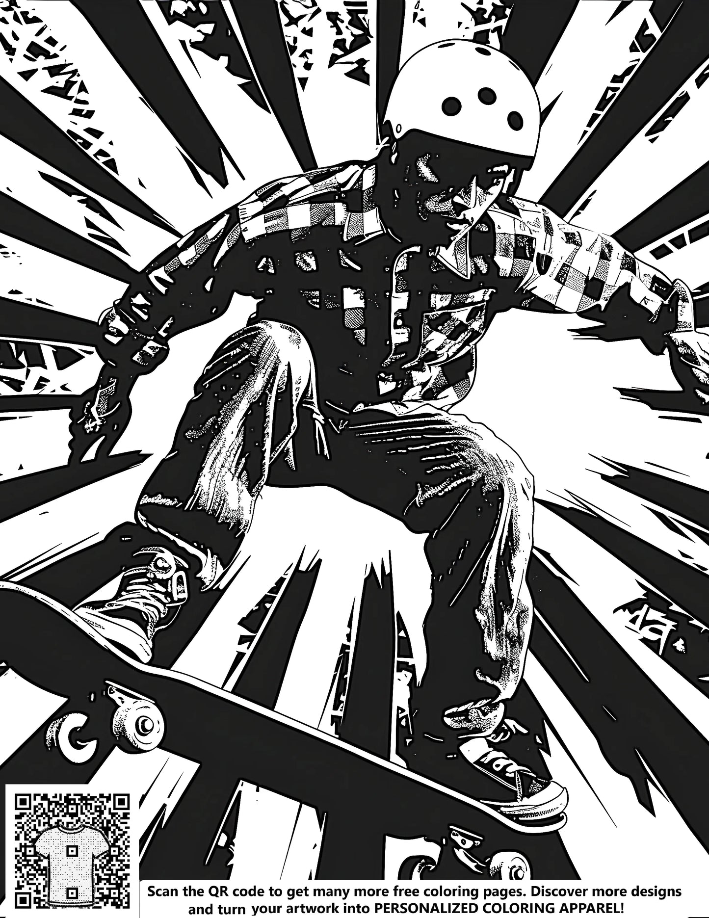 Free coloring page of skateboarder in mid-air, wearing helmet and flannel shirt, captured in dynamic black and white artwork with explosive background
