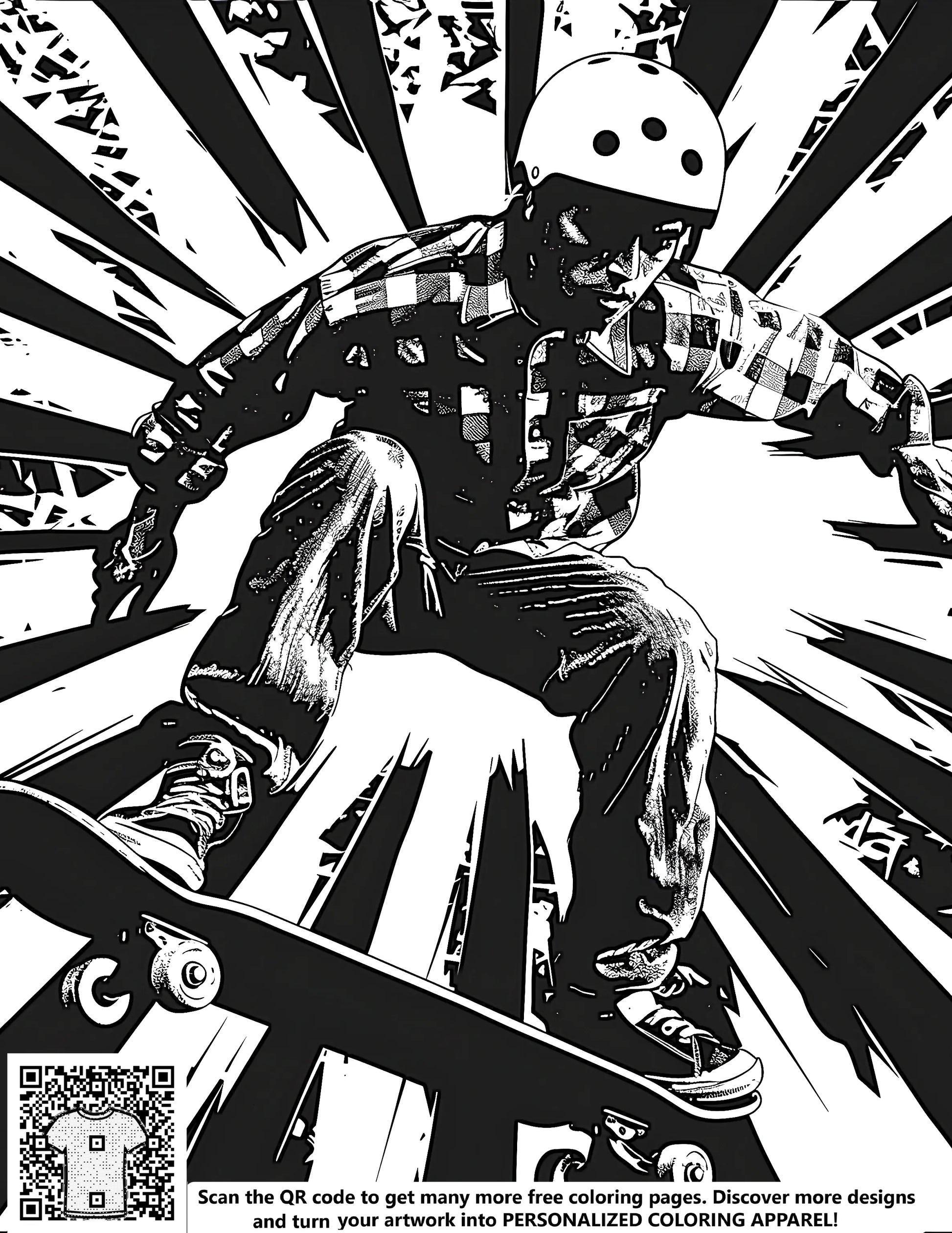 Free coloring page of skateboarder in mid-air, wearing helmet and flannel shirt, captured in dynamic black and white artwork with explosive background