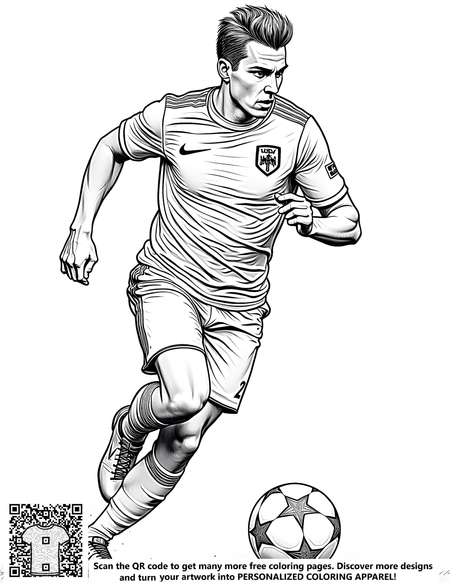 Illustration of an energetic footballer in action, dribbling a ball. Includes a free coloring page and 10 fabric markers for artistic expression.