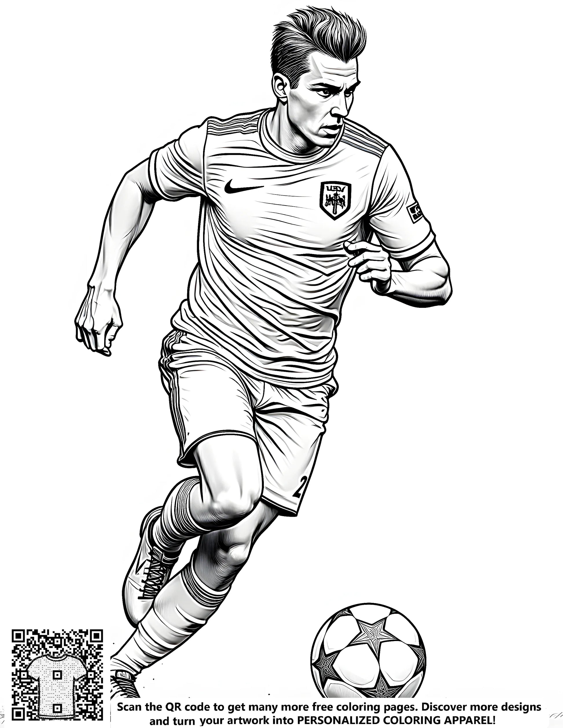Illustration of an energetic footballer in action, dribbling a ball. Includes a free coloring page and 10 fabric markers for artistic expression.