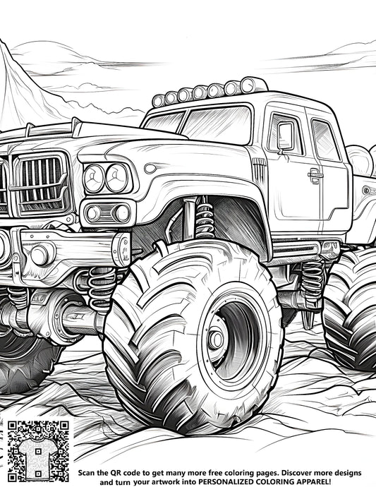 FREE Monster Truck Coloring Page with Rugged Suspension and Mountainous Background - Download NOW