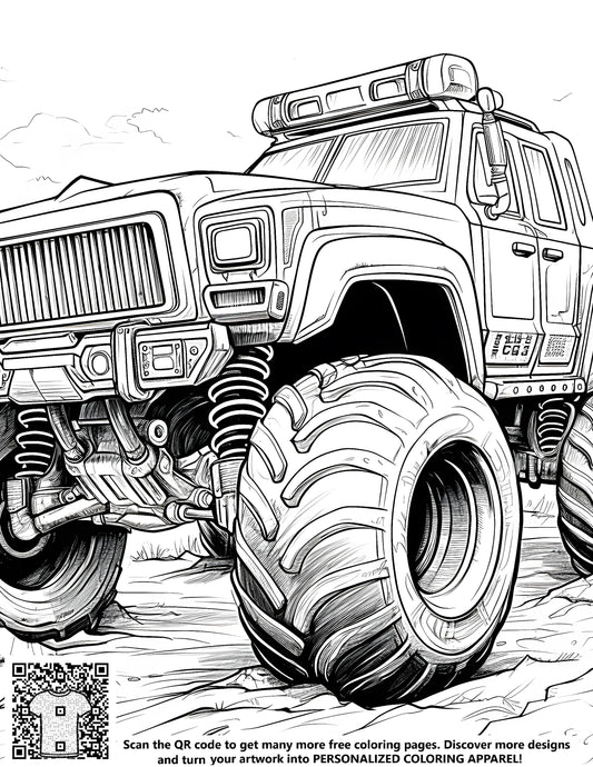 FREE Monster Truck Coloring Page - Printable Rugged Terrain Illustration Download