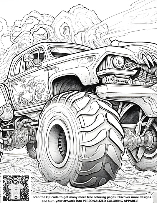 FREE Monster Truck Coloring Page - Detailed Wilderness Scene with Smoke Trails - Download NOW