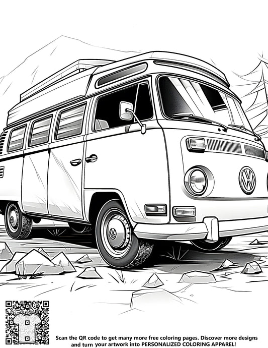 Coloring page of a vintage VW van, surrounded by rocks and pine trees