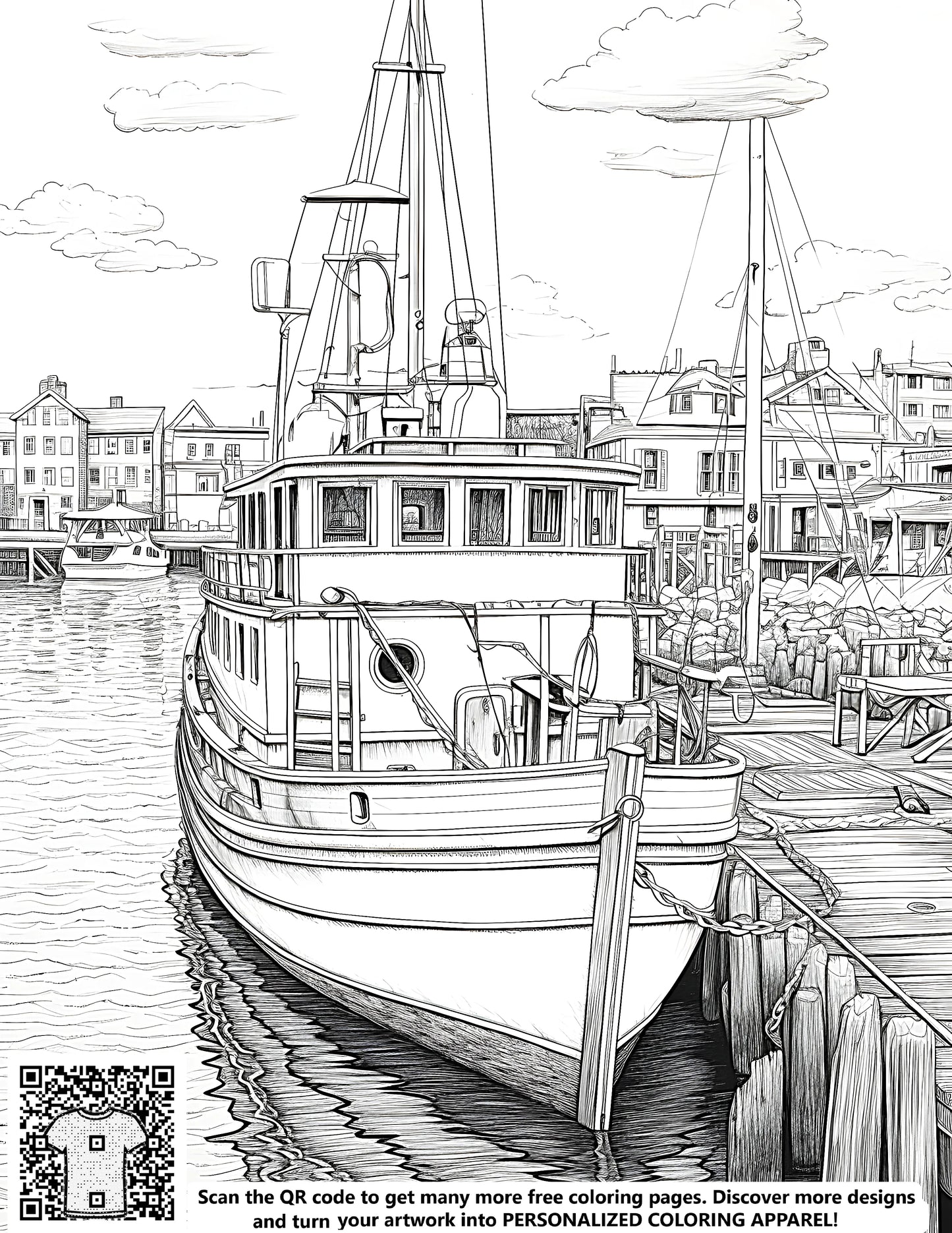 FREE Fishing Boat Coloring Page - Printable Coastal Harbor Scene Download