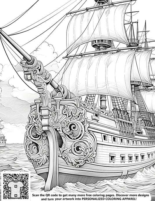 Free coloring page of a detailed black and white illustration of sailing vessels, boats, mariners, ocean liners, sea crafts, watercraft, with intricate designs sailing on the ocean and another boat in the background