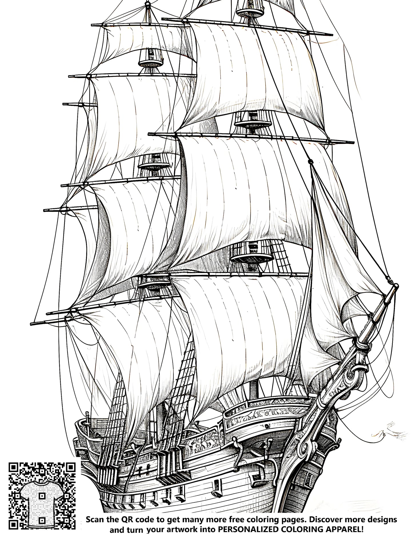 Historic sailboat drawing, intricate black and white illustration of sailing vessel, free coloring page