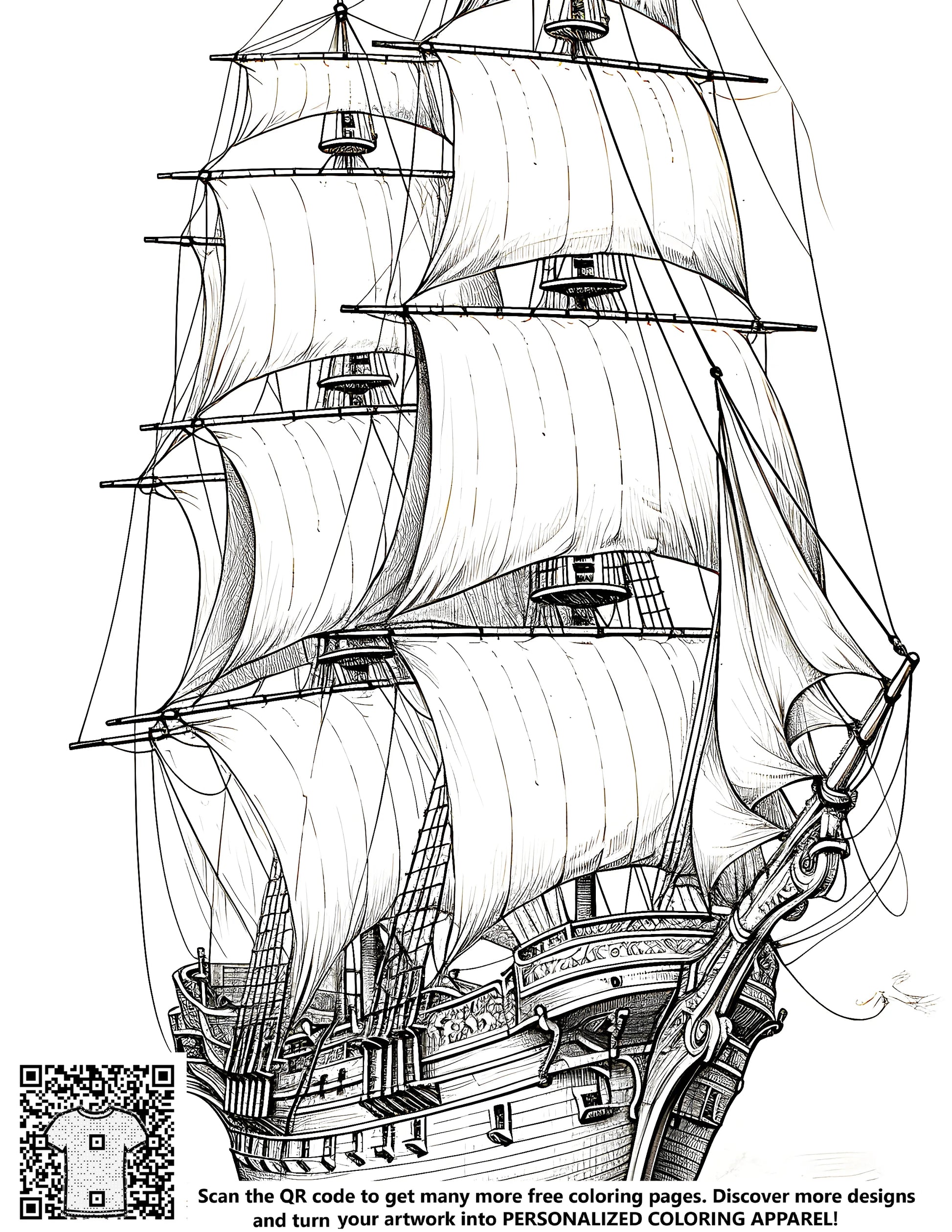 Historic sailboat drawing, intricate black and white illustration of sailing vessel, free coloring page