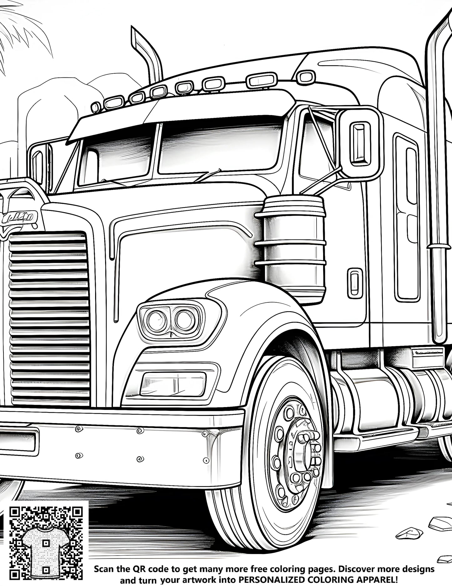 Coloring book illustration of a semi-truck, big rig truck, or eighteen-wheeler with city buildings and palm trees in the background