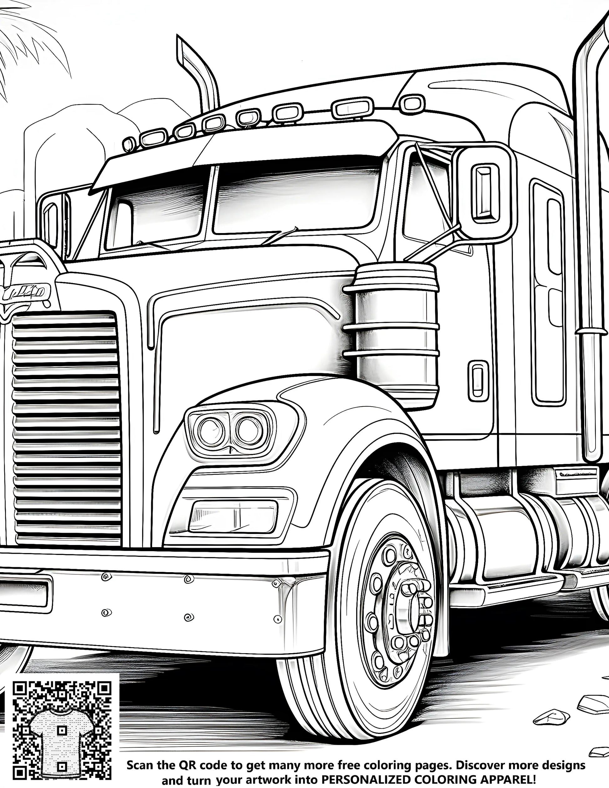 Coloring book illustration of a semi-truck, big rig truck, or eighteen-wheeler with city buildings and palm trees in the background