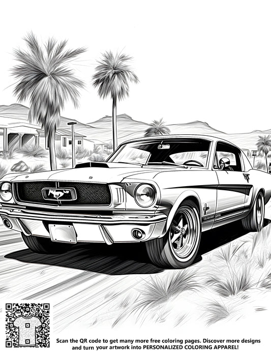 FREE Classic Mustang Car Coloring Page - Printable Desert Scene with Palm Trees Download