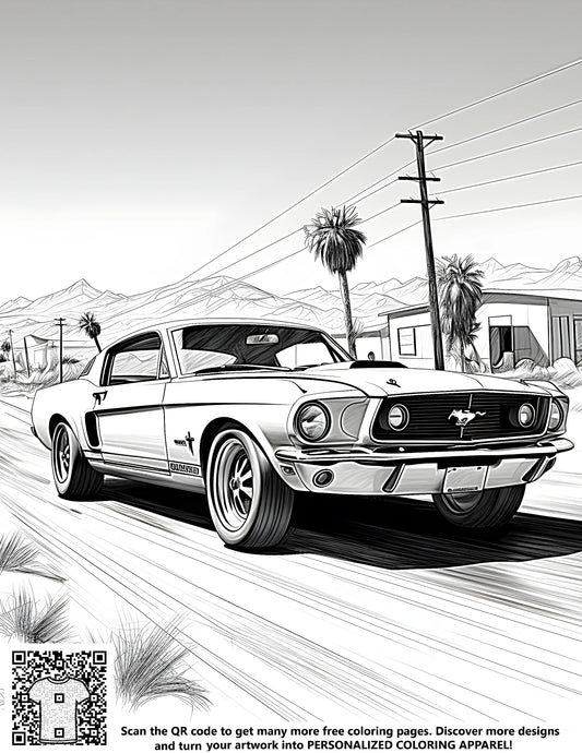 FREE Classic Ford Mustang Coloring Page - Printable Desert Road Scene Download