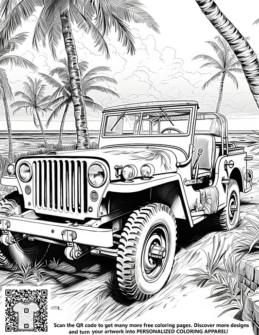 FREE Offroad Jeep Coloring Page - Printable Tropical Beach Scene Download