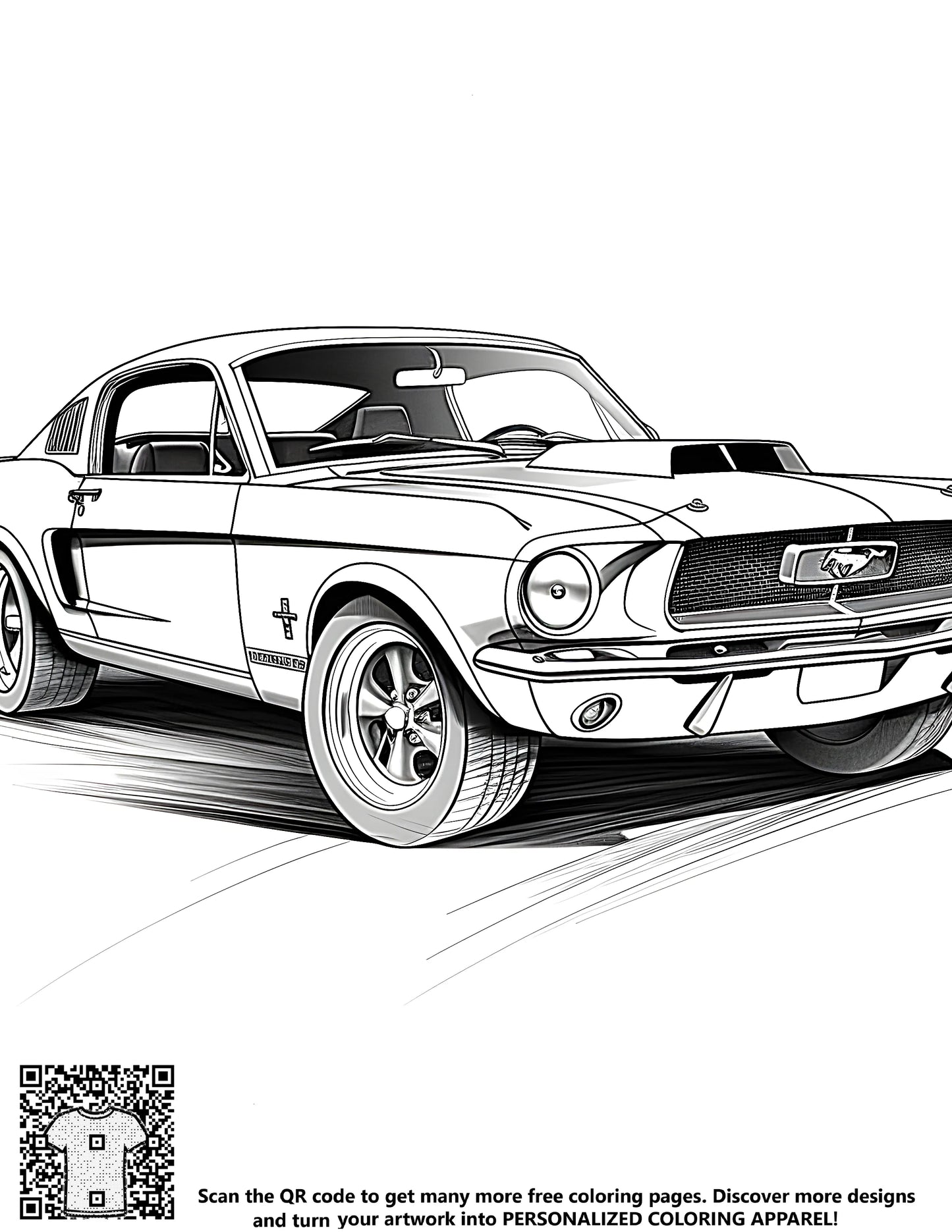 Free coloring page illustration of a vintage classic American muscle car, 1960s Mustang style design