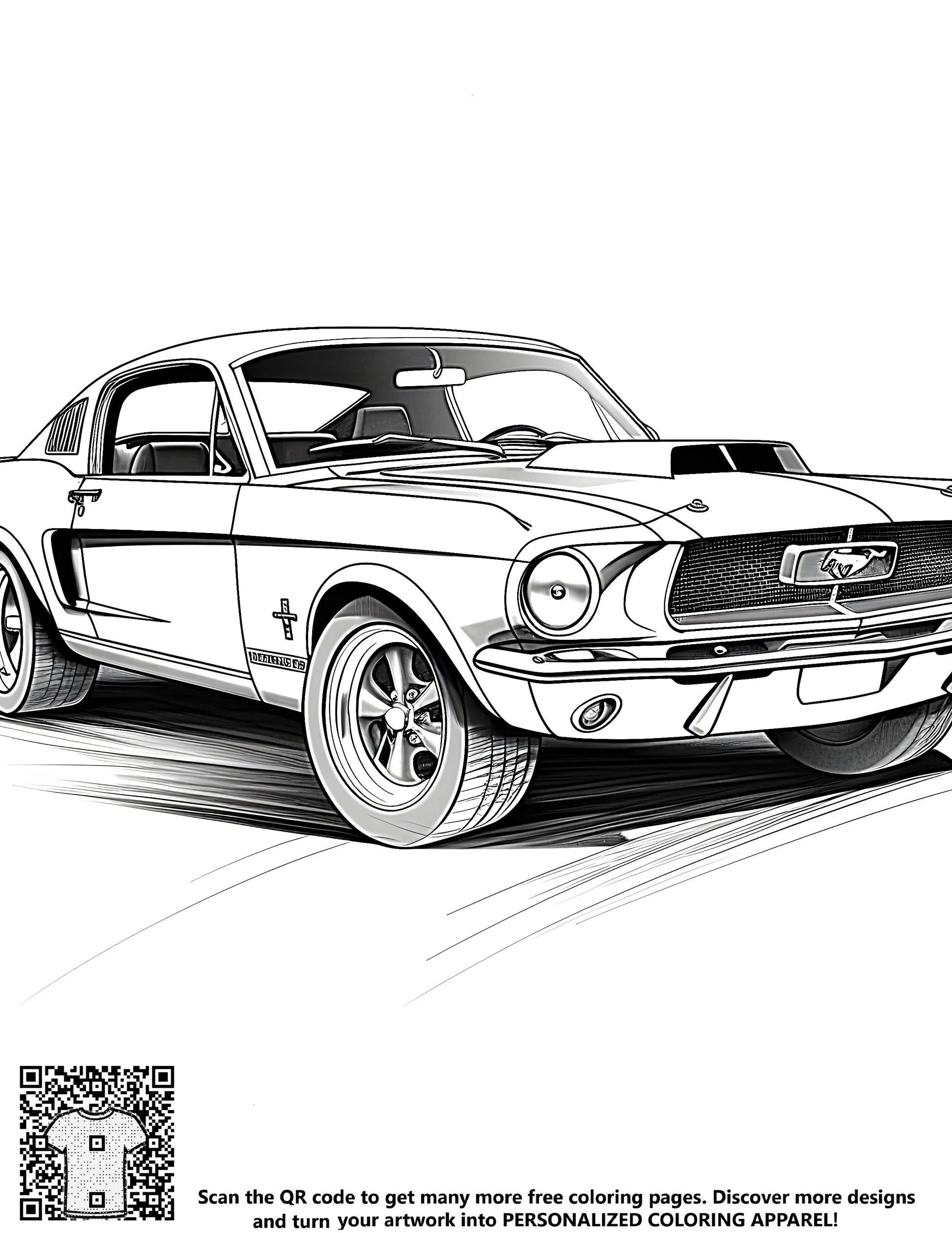Free coloring page illustration of a vintage classic American muscle car, 1960s Mustang style design