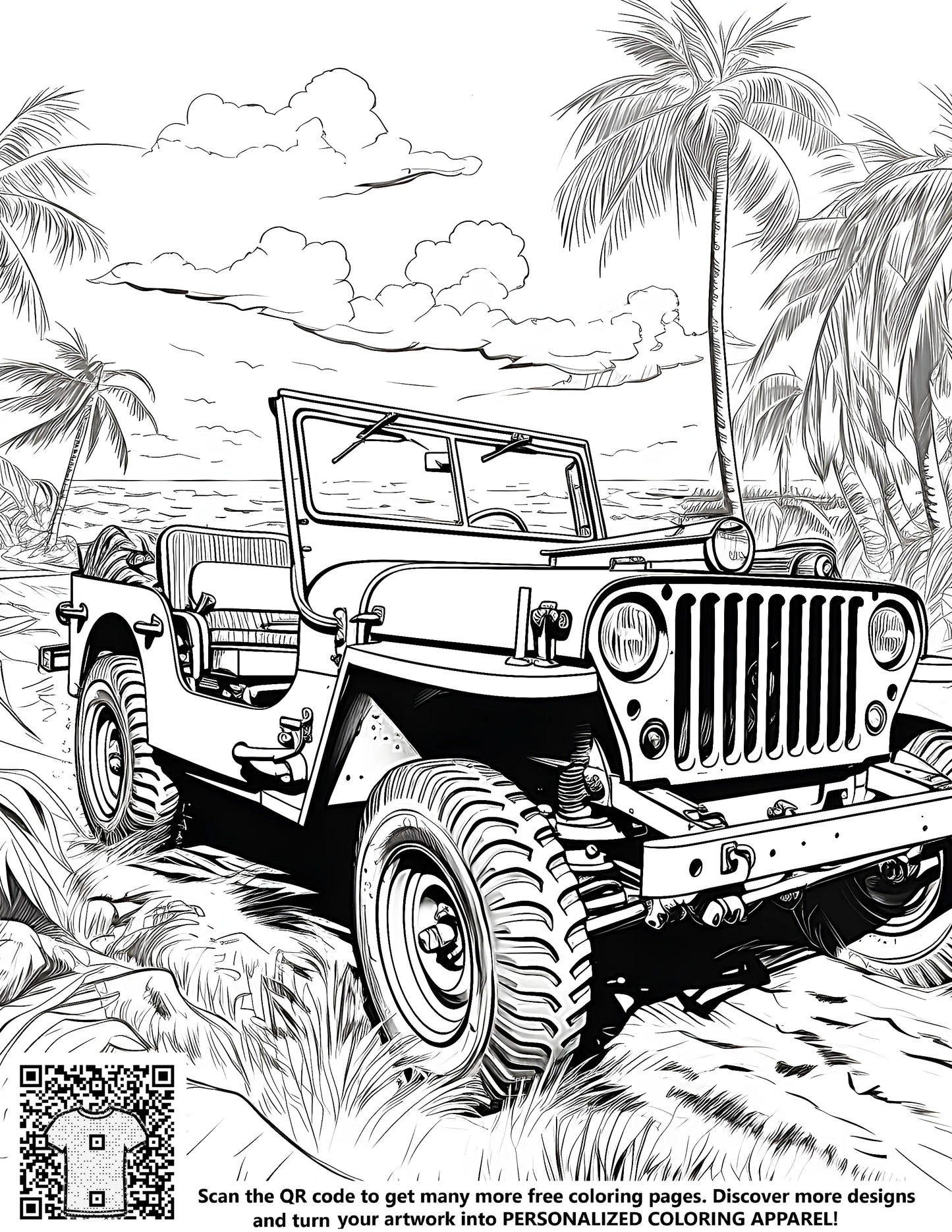 Coloring page featuring an illustrated jeep on a sandy beach path with palm trees and tropical scenery, perfect for free coloring. Includes fabric markers.