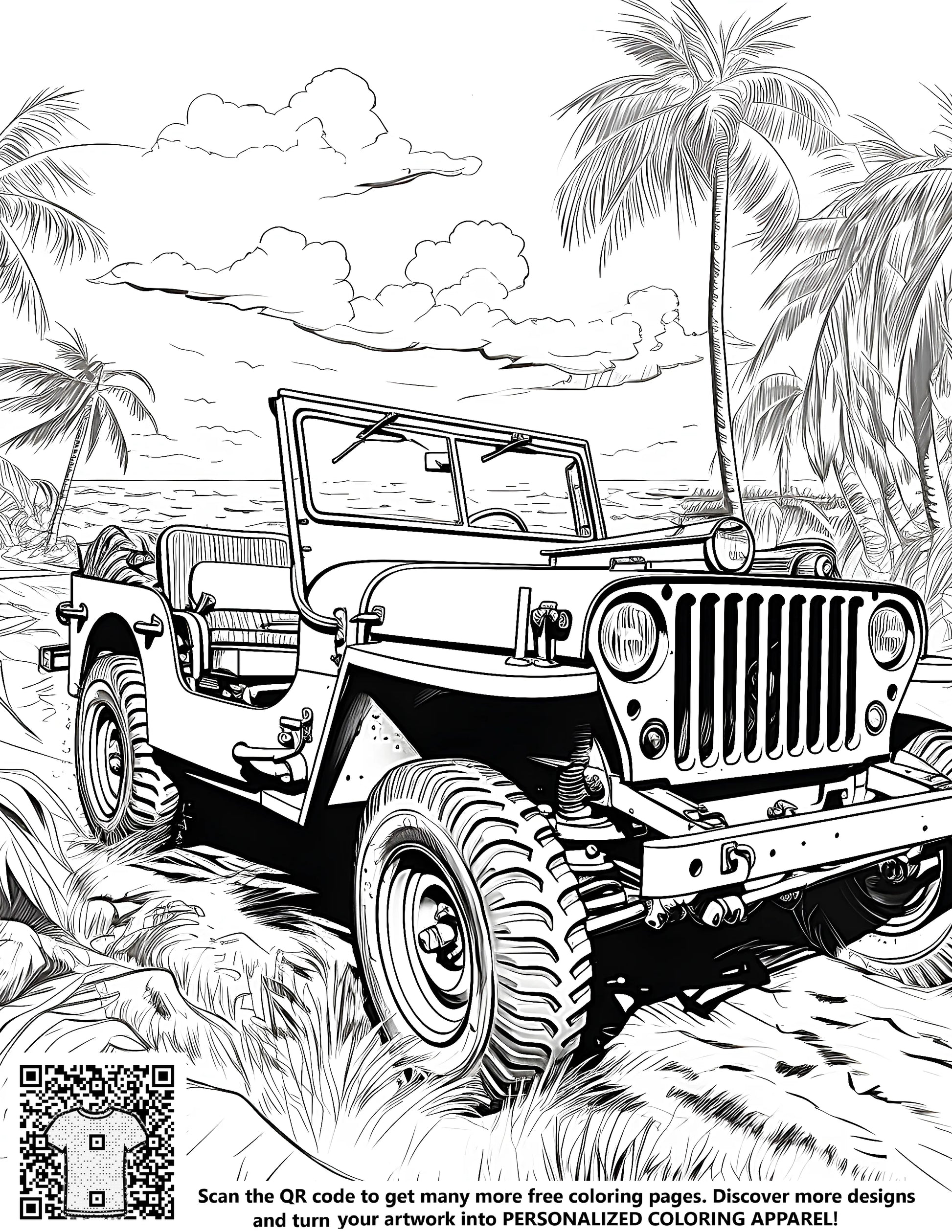 Coloring page featuring an illustrated jeep on a sandy beach path with palm trees and tropical scenery, perfect for free coloring. Includes fabric markers.