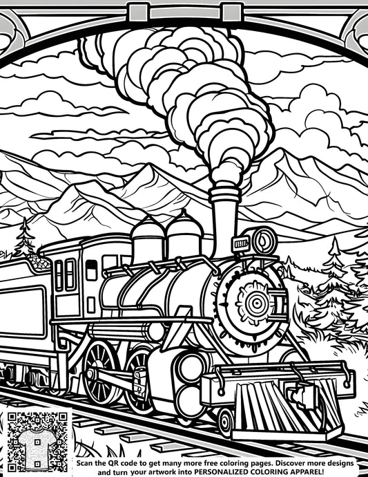 Colouring pages for kids and adults, steam engine train design, locomotive artwork, train coloring book illustration