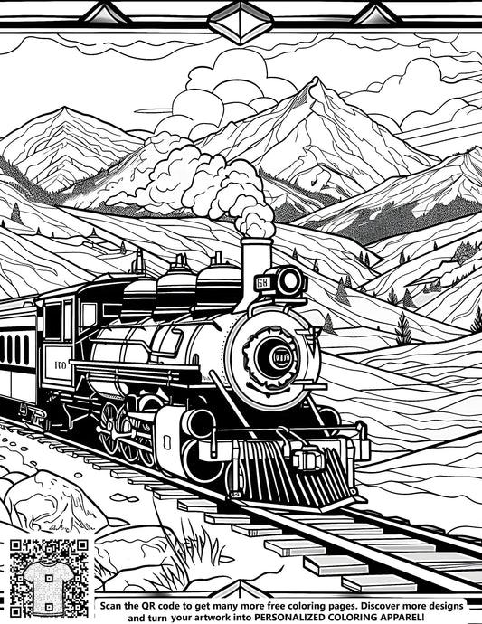 Vintage locomotive illustration, steam train artwork, train engine drawing, railway landscape art