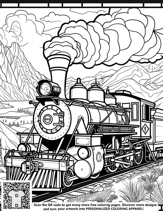 Coloring pages of locomotives & railway trains for kids. Free coloring book with steam engine drawings