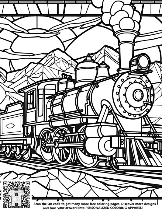Coloring pages of trains, railroad locomotives, steam engines, railway tracks, mountains, sunset designs for kids