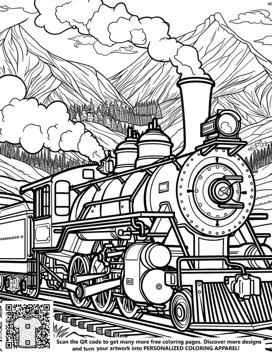 Detailed coloring page of steam engine train on track through mountains with smoke