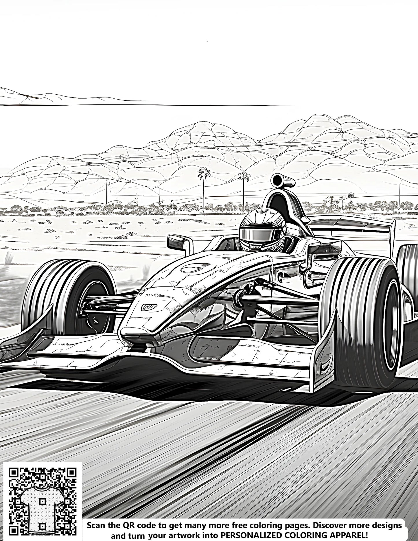 Formula one car coloring page, free racing car drawing, desert landscape art, black and white illustration