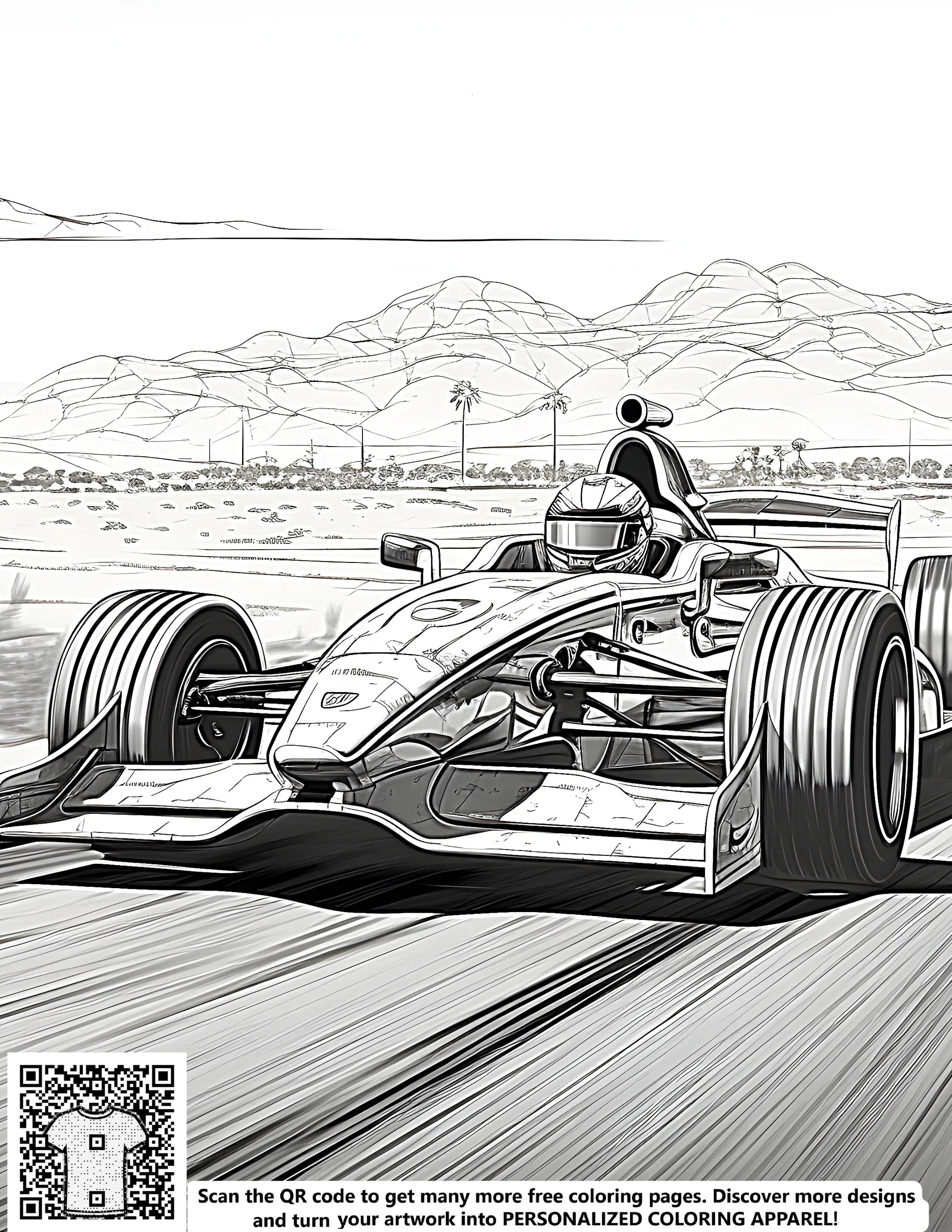 Formula one car coloring page, free racing car drawing, desert landscape art, black and white illustration
