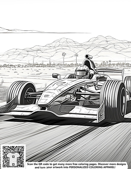 FREE Formula 1 Race Car Coloring Page - Printable Desert Landscape with Mountains Download