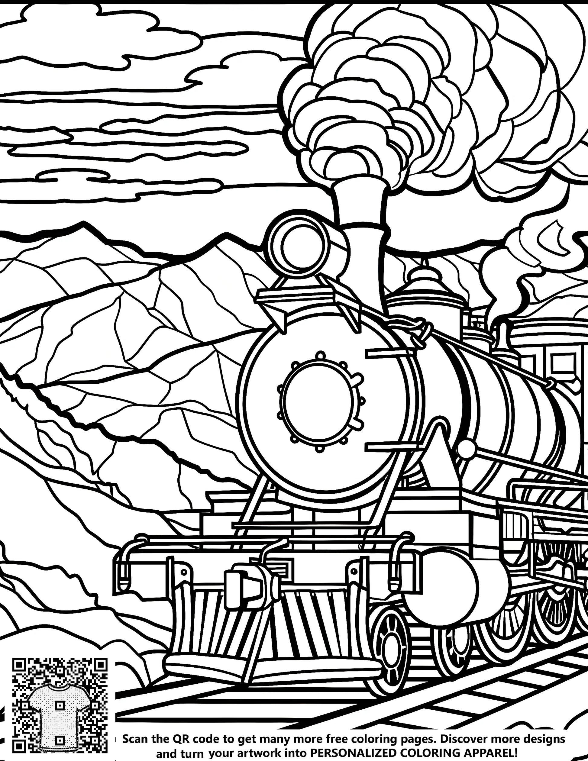 A vintage locomotive coloring page featuring a steam train chugging along scenic tracks through majestic mountains and fluffy clouds