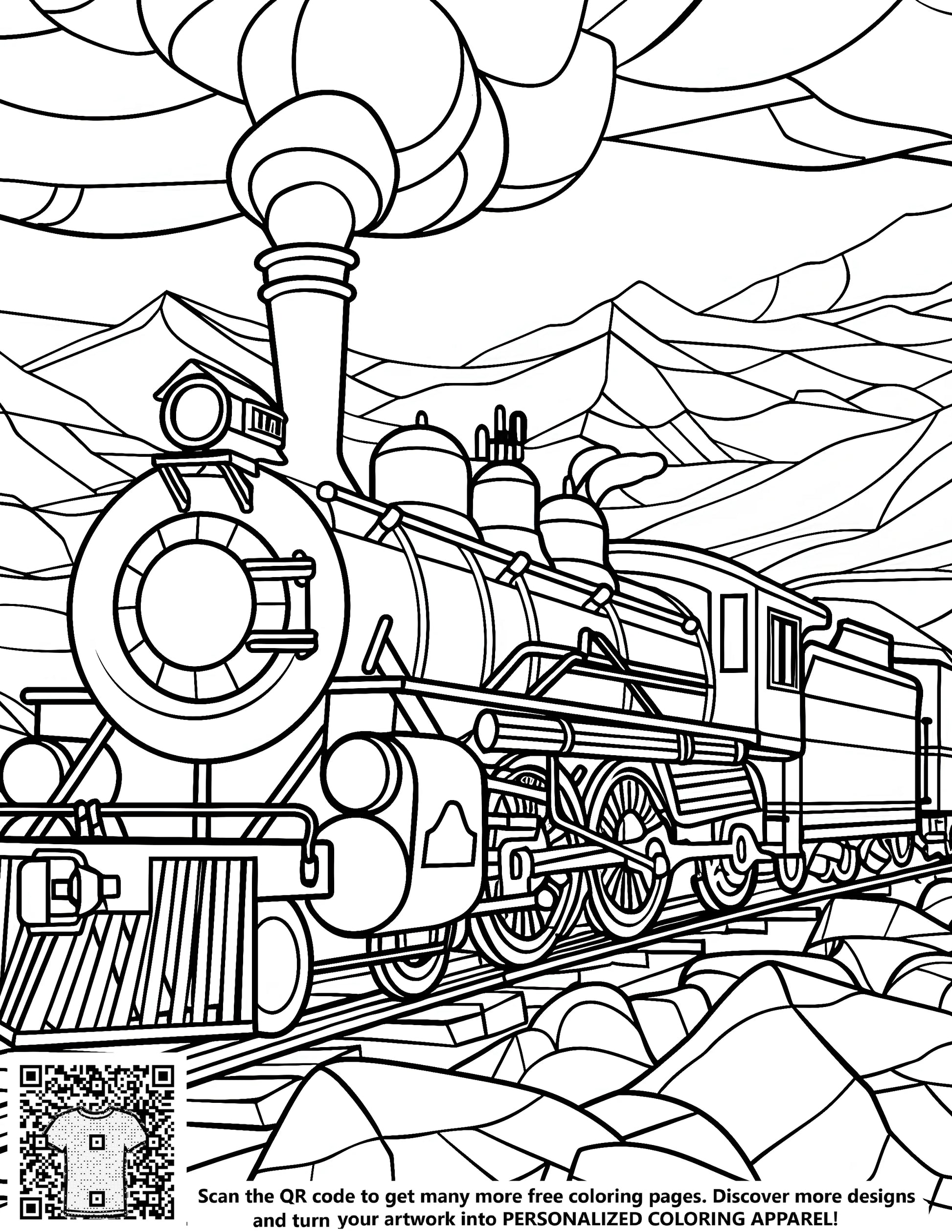 A detailed black-and-white coloring page of a locomotive traveling through a mountainous landscape, emitting smoke. Perfect for kids and adults alike.
