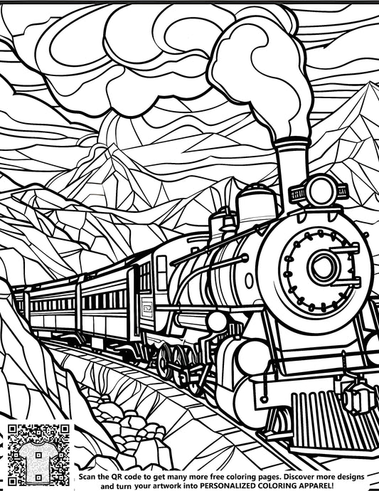Detailed line drawing of a locomotive chugging through rugged mountains with billowing steam and intricate surroundings. Vintage train coloring page included.