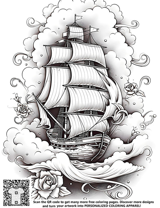 A black-and-white detailed illustration of a sailing ship, vessel, boat, or naval craft with clouds and roses, creating a vintage nautical scene.