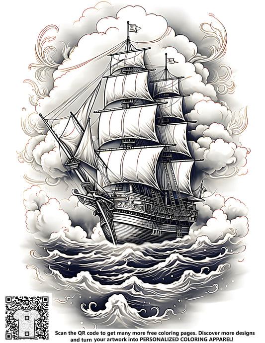 Coloring page of a vintage sailing vessel navigating through ocean waves