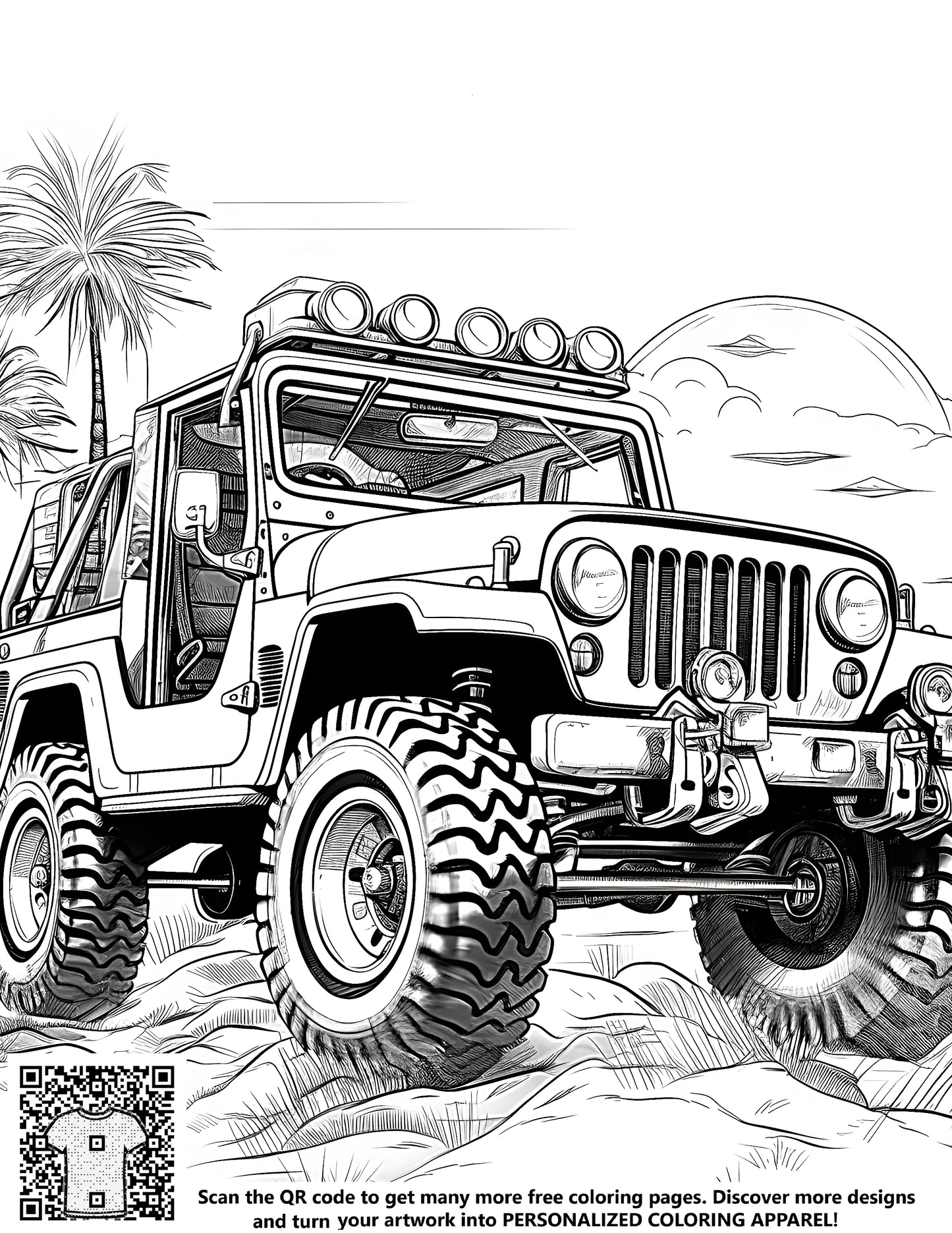 Off-roading vehicle illustration with palm trees and desert landscape from free coloring page kit