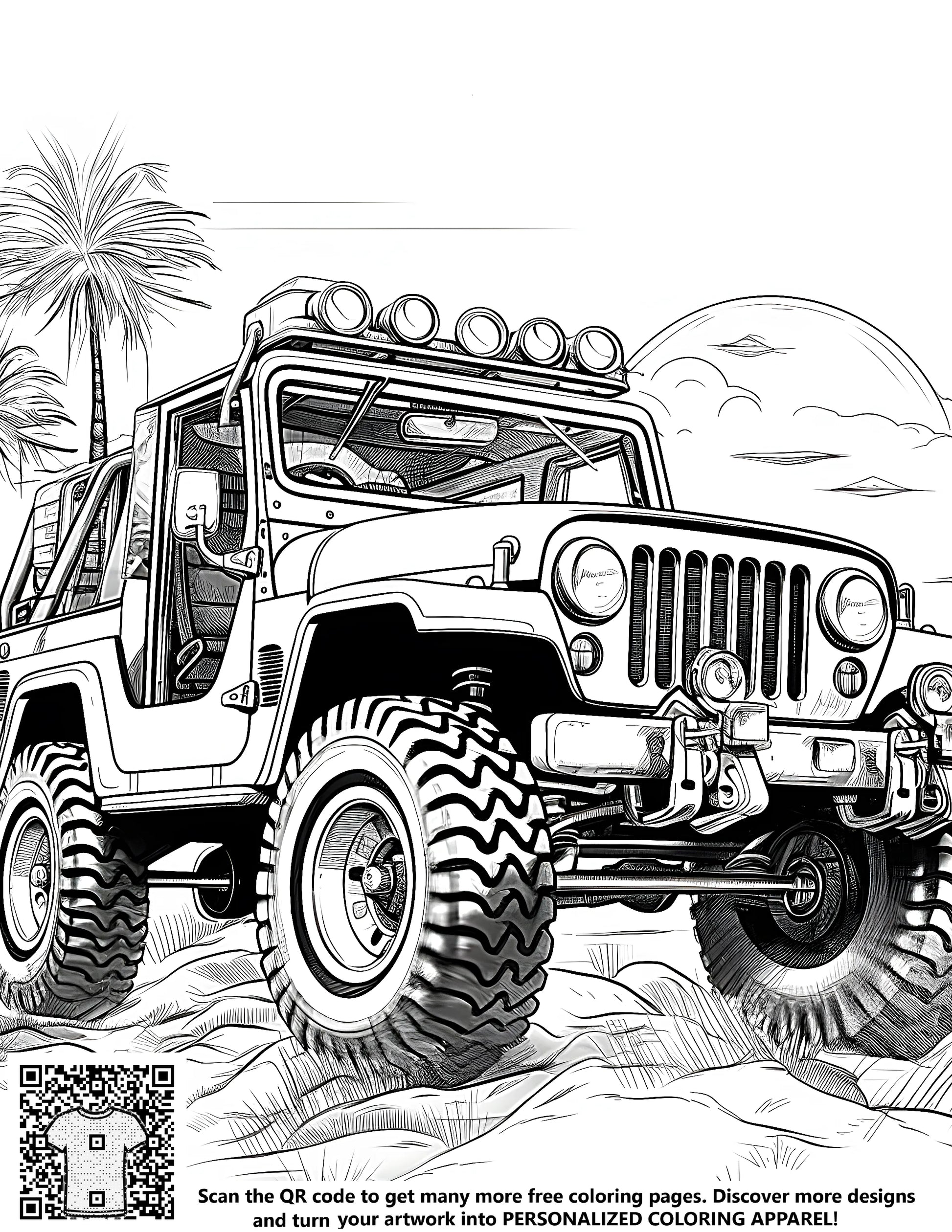 Off-roading vehicle illustration with palm trees and desert landscape from free coloring page kit
