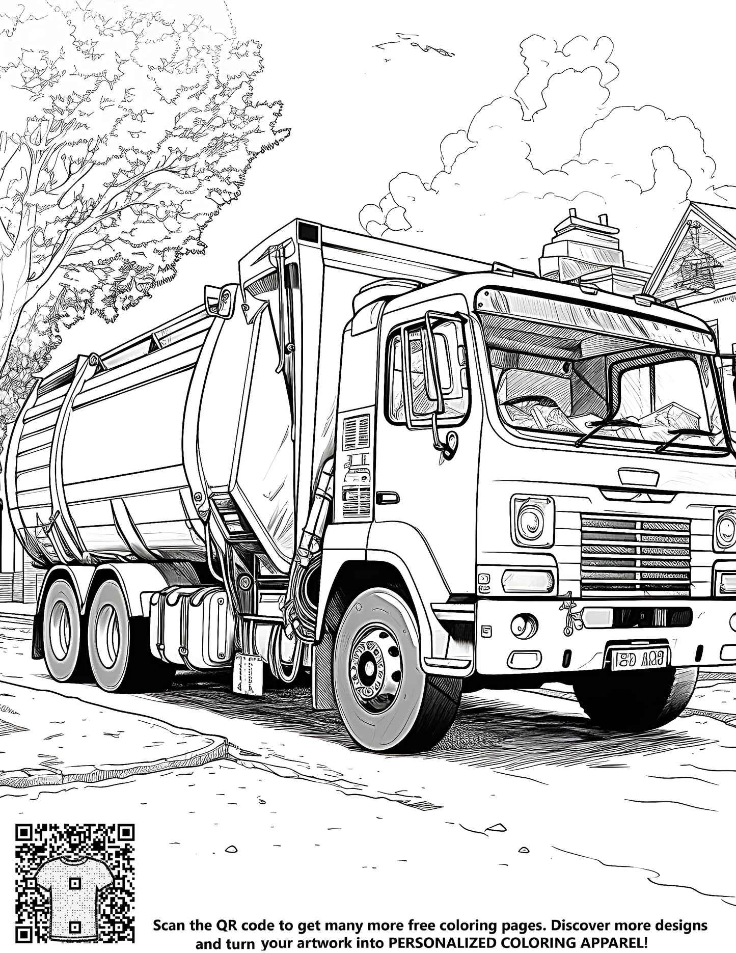 Coloring page illustration of a detailed line drawing of a garbage truck on a street with trees and houses