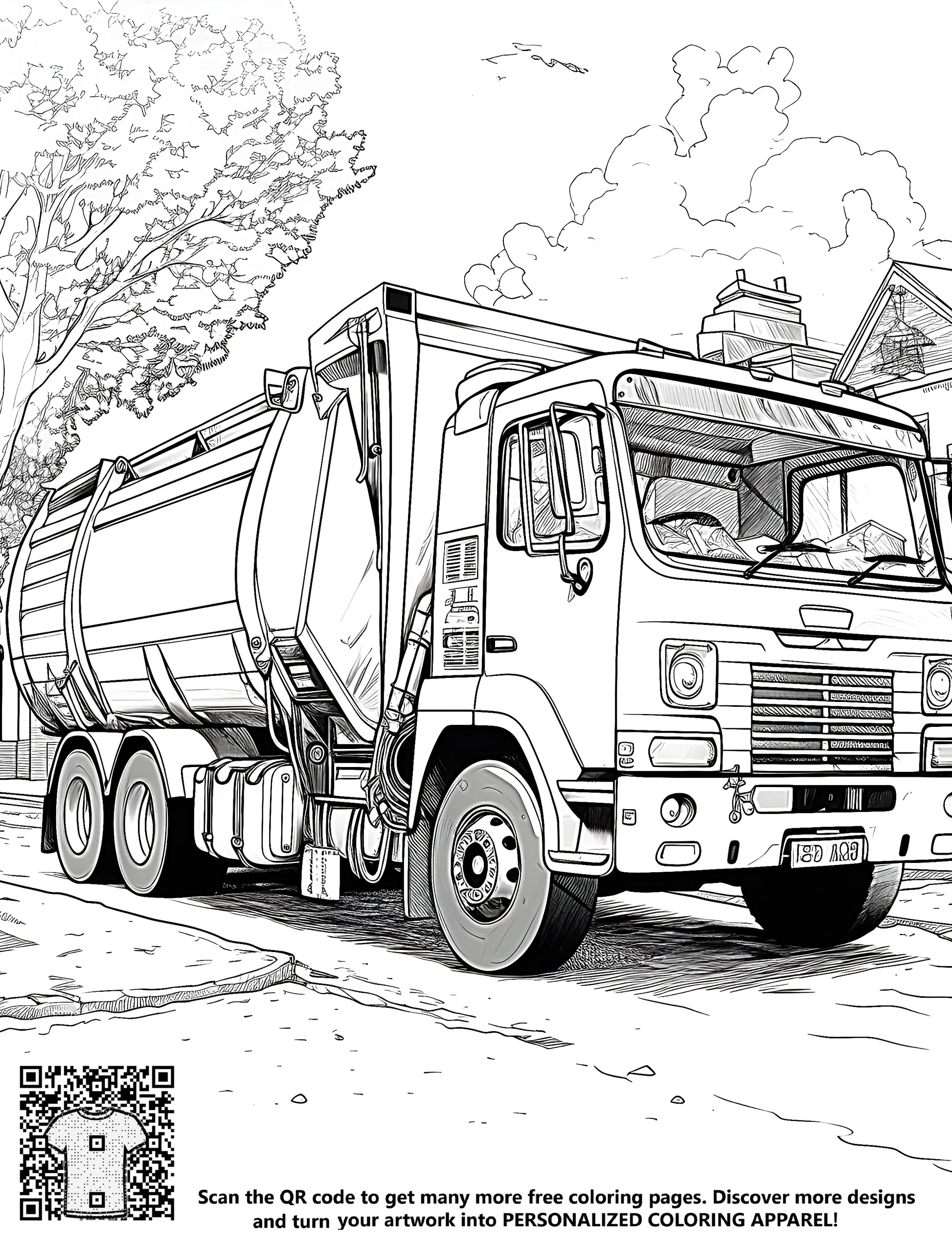 Coloring page illustration of a detailed line drawing of a garbage truck on a street with trees and houses