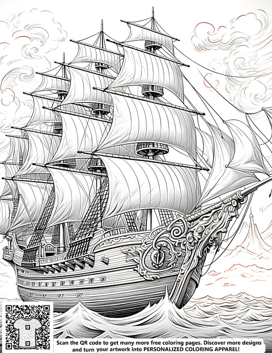 A free coloring page featuring an old sailing vessel illustration with intricate details and sails on the ocean waves.
