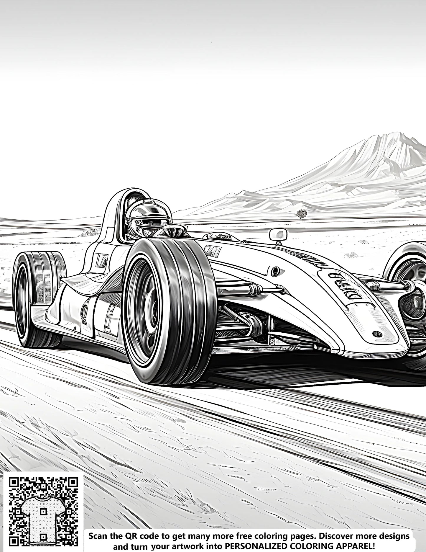 FREE Formula One Car Coloring Page - Printable Desert Track Scene Download