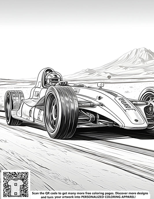 FREE Formula One Car Coloring Page - Printable Desert Track Scene Download